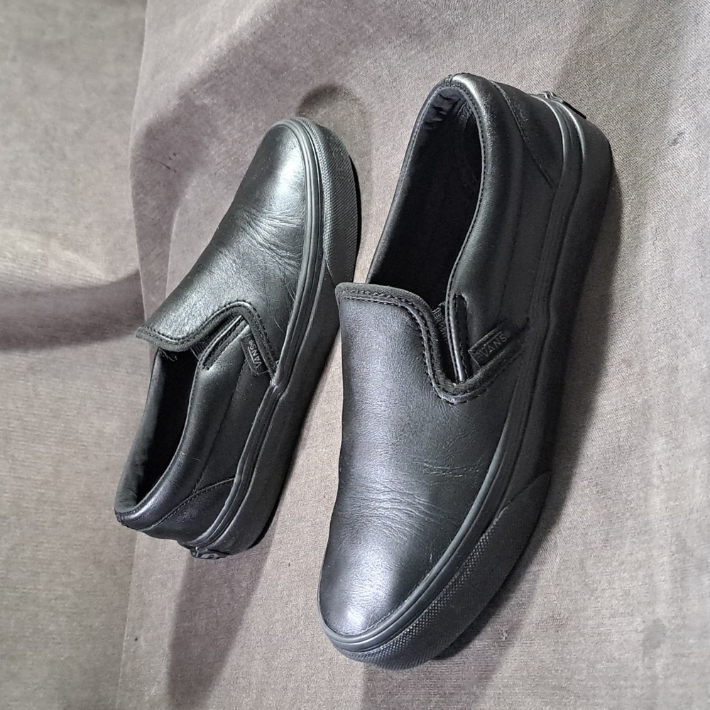 Vans Slip On Mono Black Smooth Leather Classic Sneakers VG- US 5.5 - Picture 11 of 16